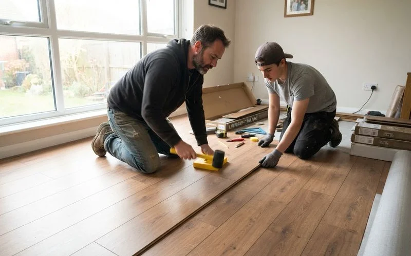 A flooring installation crew laying planks in a living room with tools and material boxes staged along the wall