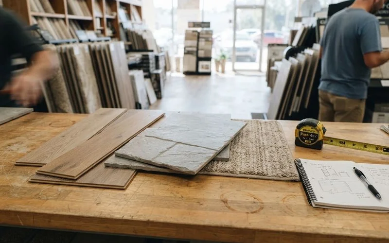 A Tampa flooring showroom aisle displaying stacked hardwood, tile, and vinyl plank samples for contractor comparison research