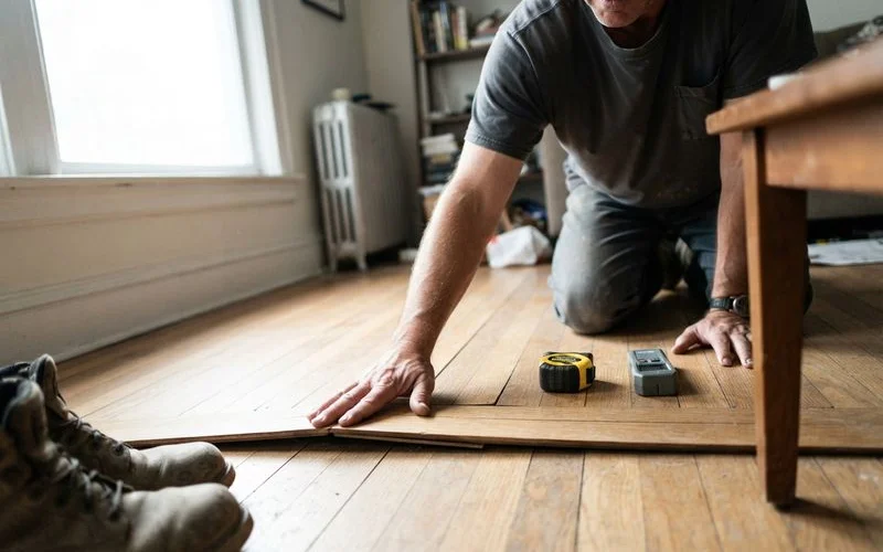 A contractor inspecting cupped hardwood flooring boards near a wall for signs of moisture damage