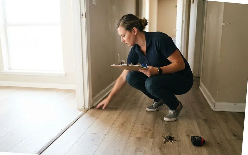 A landlord and flooring contractor inspecting rigid-core vinyl plank flooring in an empty rental unit between tenants