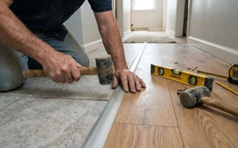 A contractor installing a flush, low-profile transition strip between two rooms with different flooring materials