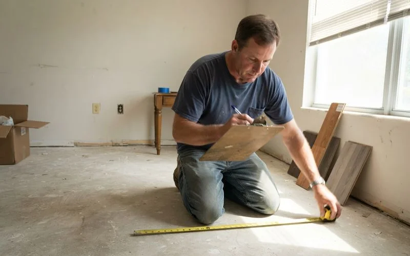 A flooring contractor measuring a room with a tape measure before calculating material needs and providing a written cost estimate
