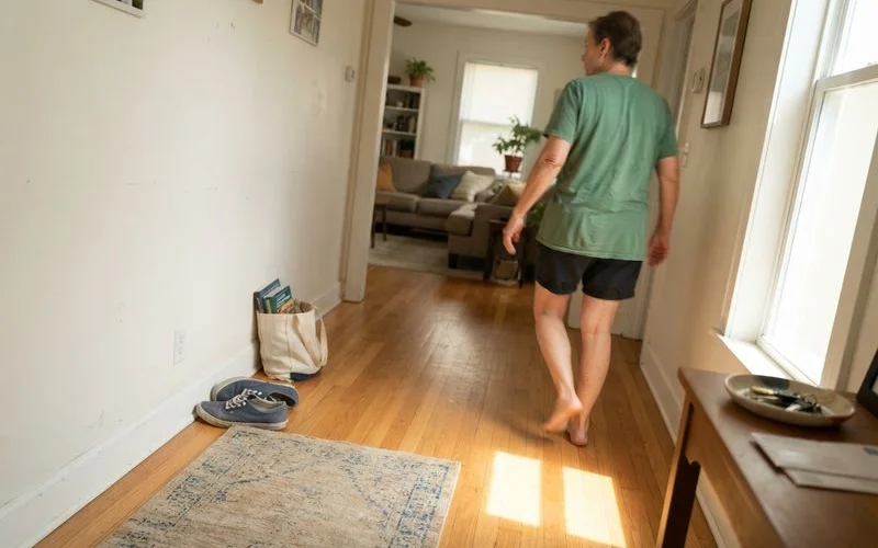 A newly refinished hardwood floor in a living room staged with furniture ahead of a home sale listing