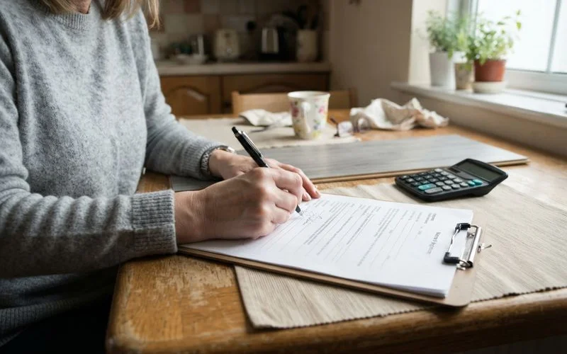 A homeowner reviewing a financing agreement and payment schedule with a calculator and paperwork on a table