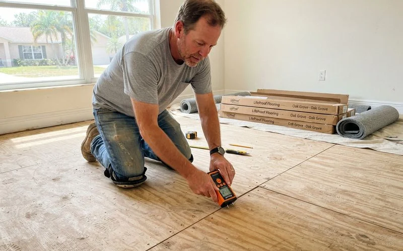 A flooring contractor using a moisture meter to test a concrete subfloor before approving new flooring installation