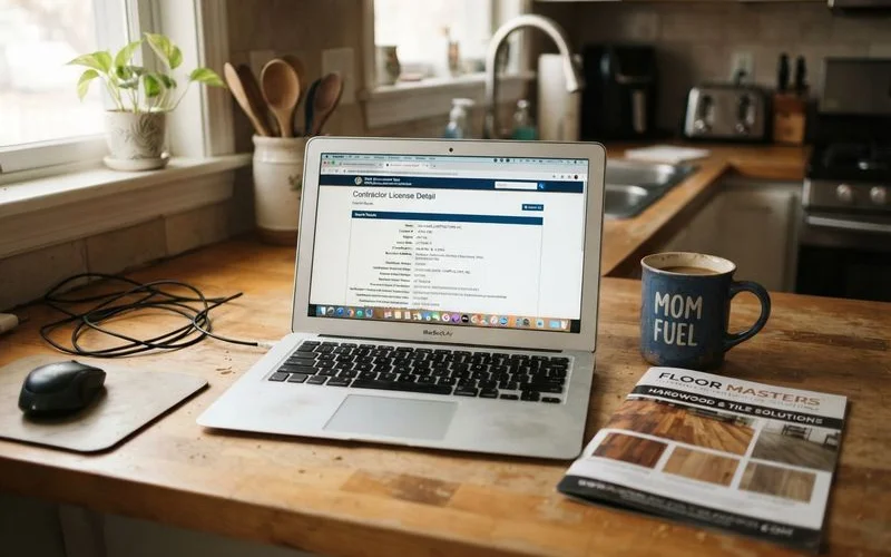 A homeowner checking a contractor's license number on a laptop before hiring for a flooring project