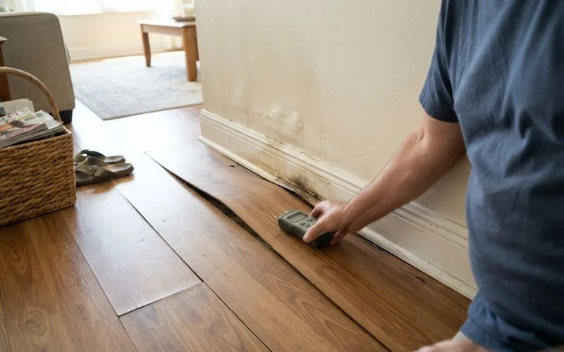 A close-up of water-damaged laminate flooring with visible warping and separation near a baseboard